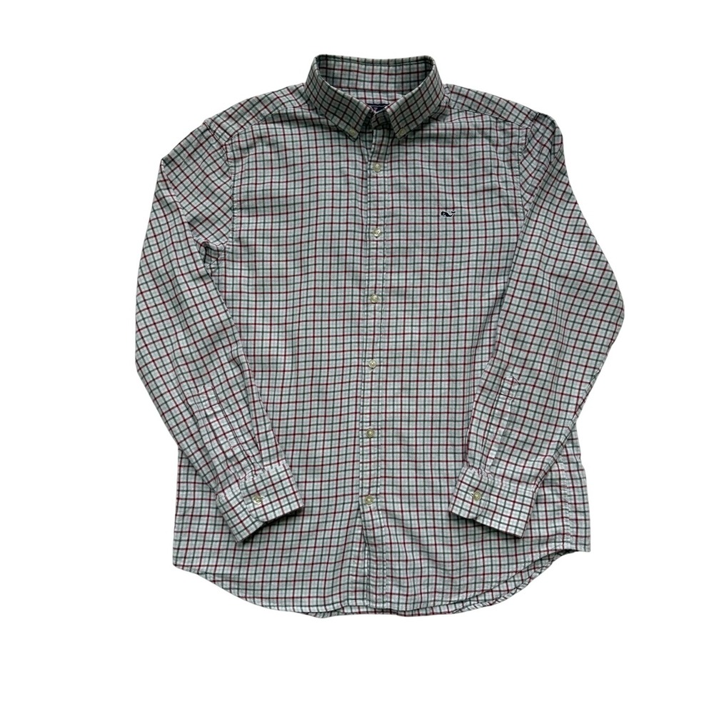 Vineyard Vines Whale Shirt Plaid Mens Large Flannel 100% Cotton White Red Green